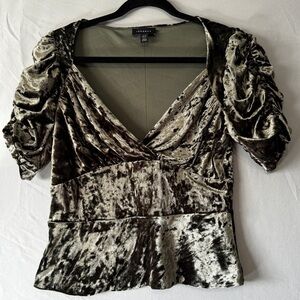 Top Shop Womens Size 6 Velvet Whimsigoth Babydoll Top Olive Green Fairy Grunge